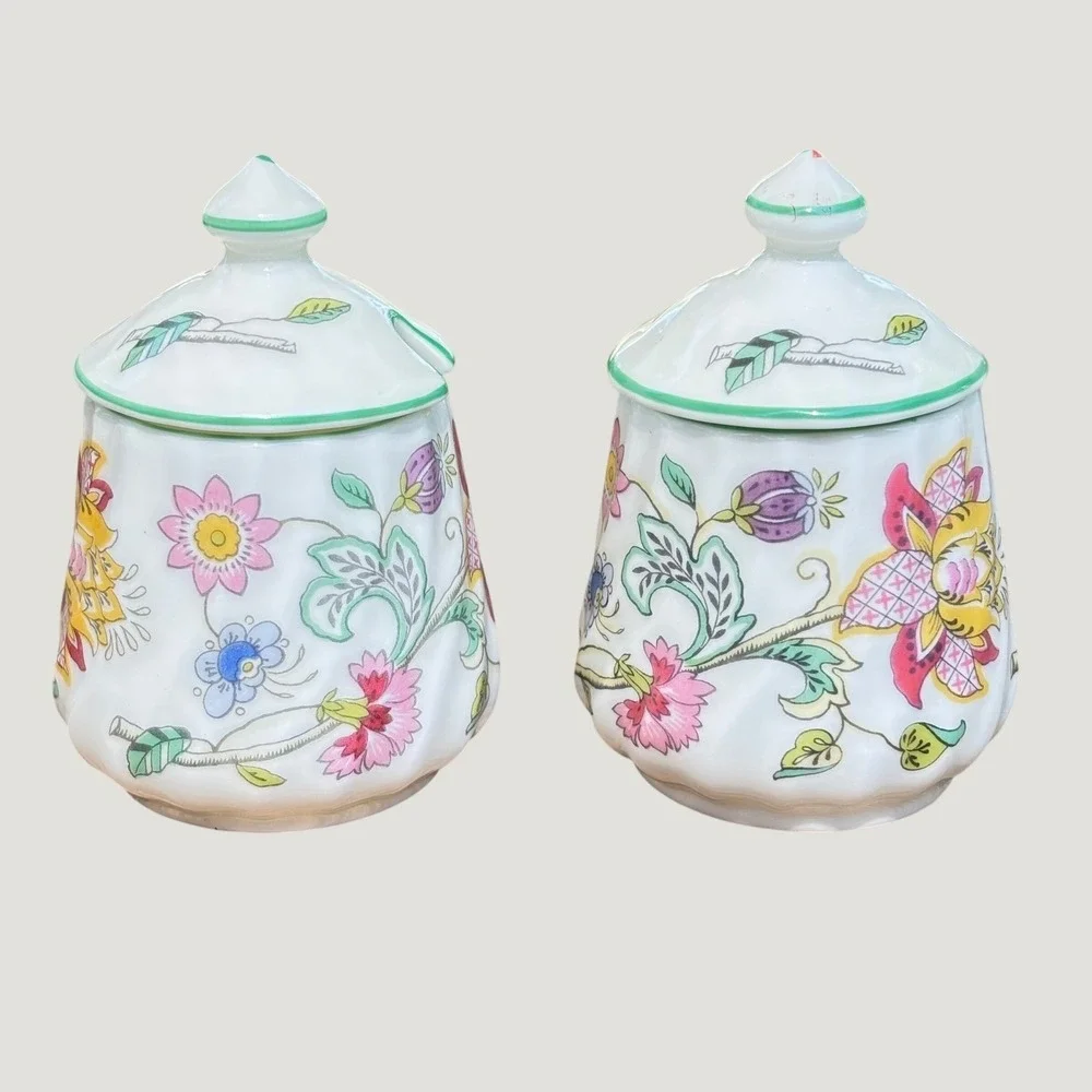 Minton Haddon Hall Bone China Condiment Jars Pots Jam Mustard Set 2 Made England